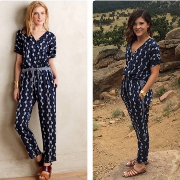Velvet by Graham &‎ Spencer Anthropologie Womens Cady Jumpsuit V-Neck Navy M - Picture 1 of 13